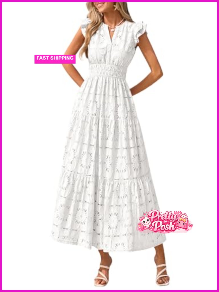 Boho Maxi Dress With Flutter Sleeves V-Neck Lace Eyelet Wedding Guest Beach